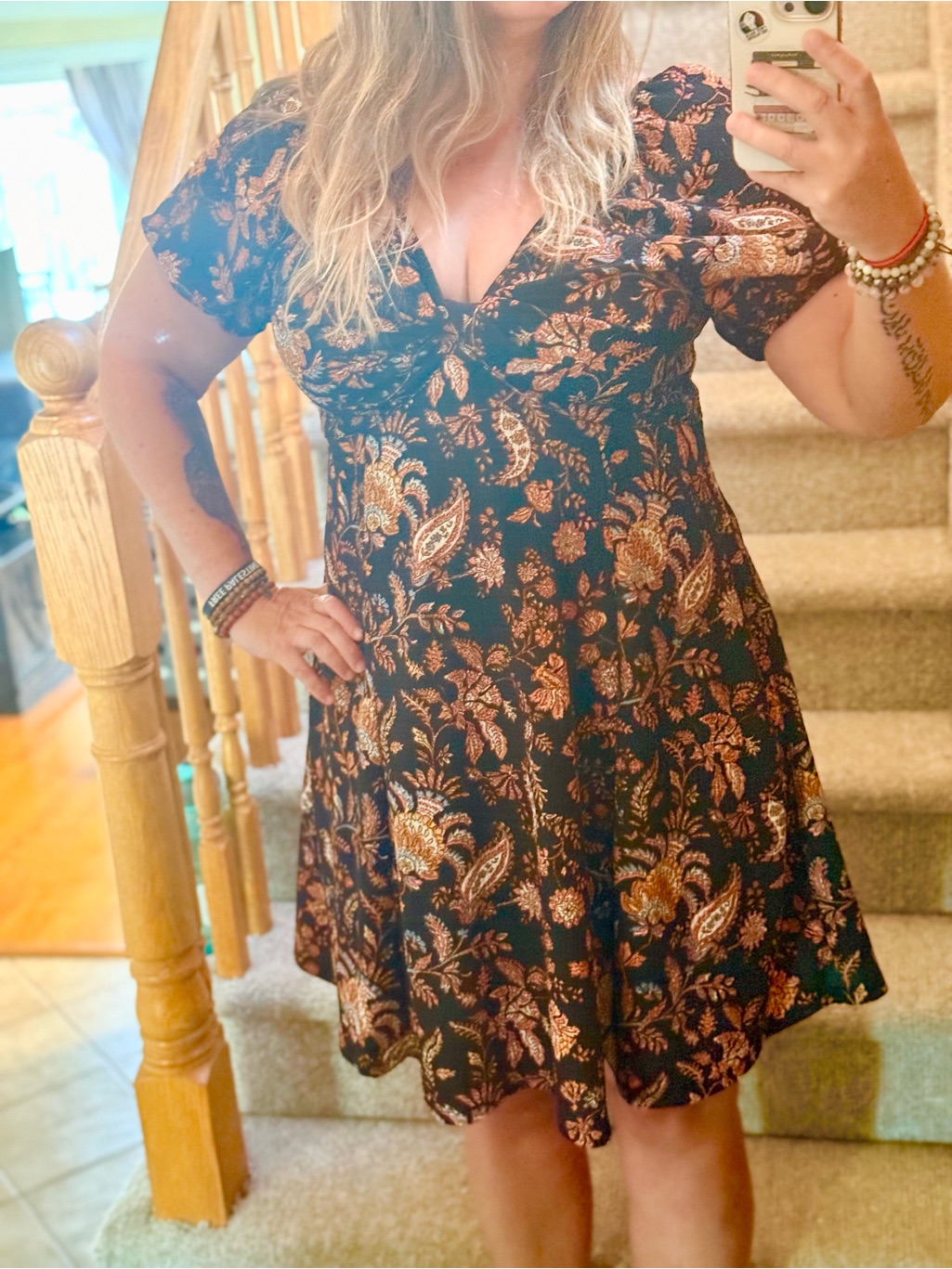 Vintage Floral Paisley V-Neck Fit & Flare Dress - Black With Rust Floral